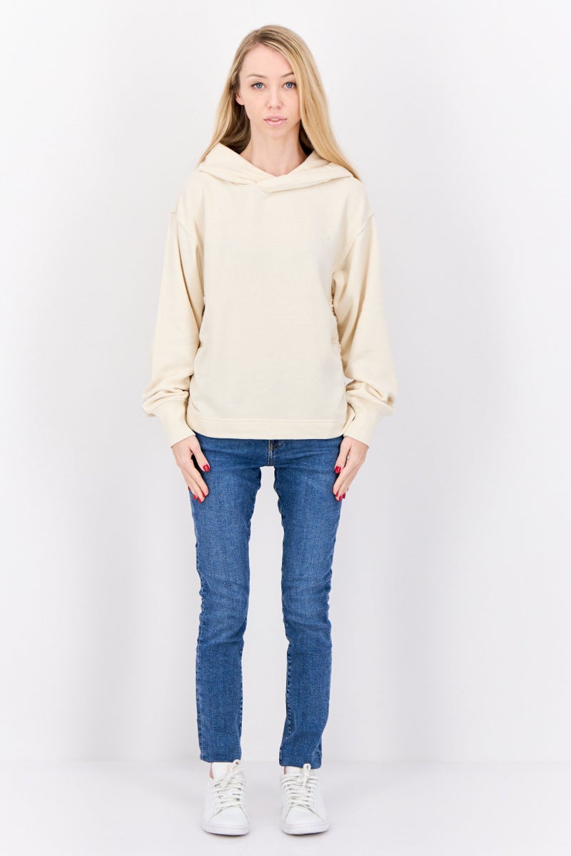 Aerie Women Hooded  Solid Ruched Long Sleeves Sweatshirt, Beige - Image 4